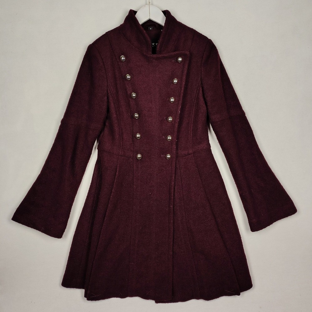 GUESS Burgundy Wool Blend Double Breasted Funnel Neck Flare Coat Silver Buttons